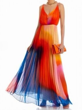 HALSTON Stacia Crinkle Chiffon A-Line 
 Watercolor Ombre Chiffon Maxi Dress